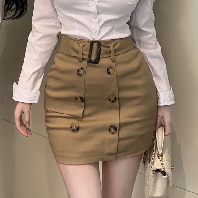 Long-Sleeve Plain Shirt with Belted Double-Breasted Mini Skirt