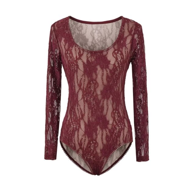 Lace Trim Scoop Neck Long-Sleeve Bodysuit