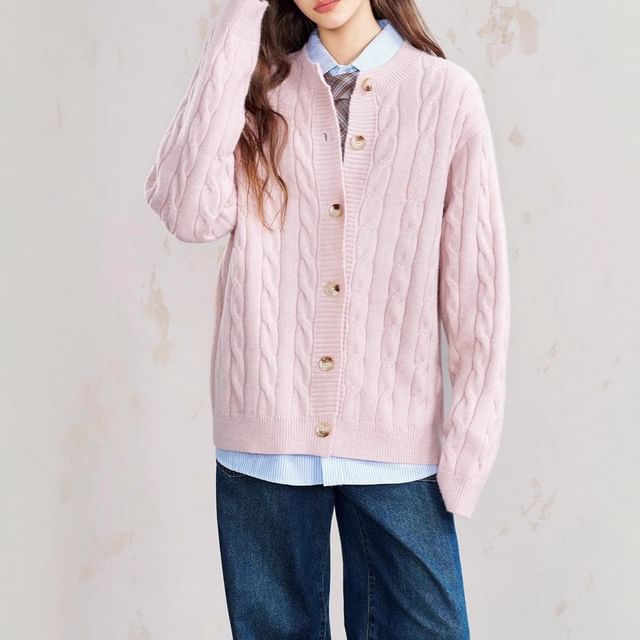 Crew Neck Button-Up Plain Cable Knit Cardigan