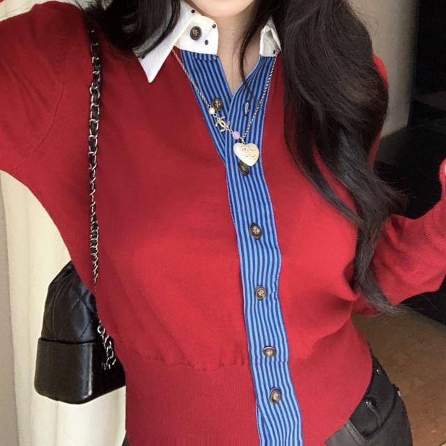 Striped Trim Mock Two-Piece Long-Sleeve Polo Knit Top
