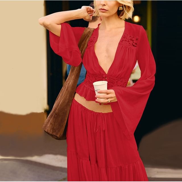 Bell-Sleeve Ruffled Blouse with Tiered Maxi Skirt Set