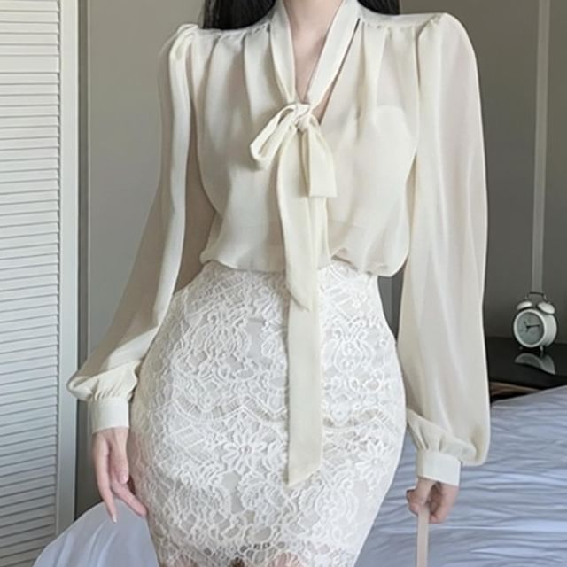 Sheer Tie-Neck Long Sleeve Blouse with Lace Mini Pencil Skirt