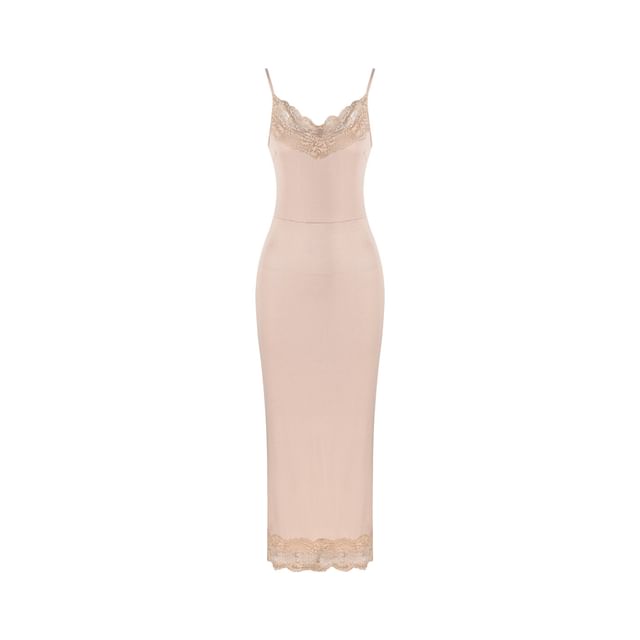 Spaghetti Strap V-Neck Lace Panel Maxi Sheath Dress / Plain Tie Waist Cardigan