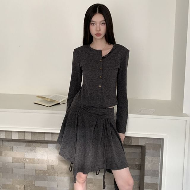 Crew Neck Button-Up Plain Crop Cardigan / Low Rise Asymmetrical Drawstring A-Line Skirt