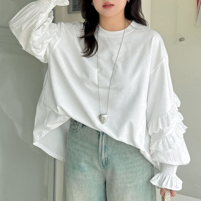 Crew Neck Long Sleeve Solid Ruffle Top (XL-4XL)