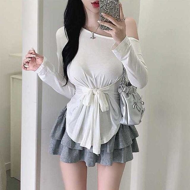 Sheer Tie-Waist Long Sleeve Tee with Off-Shoulder Style