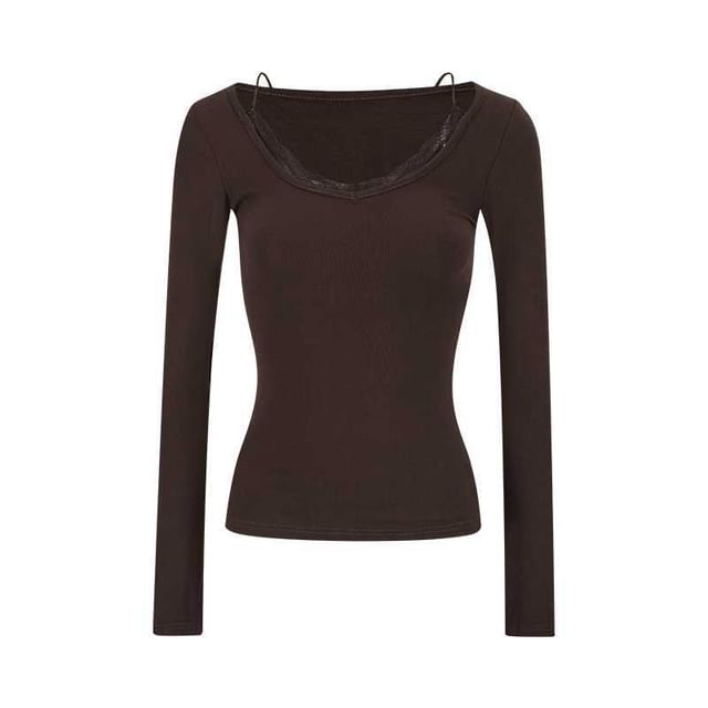 Lace Panel Slim Fit Tee with V-Neck and Long Sleeves