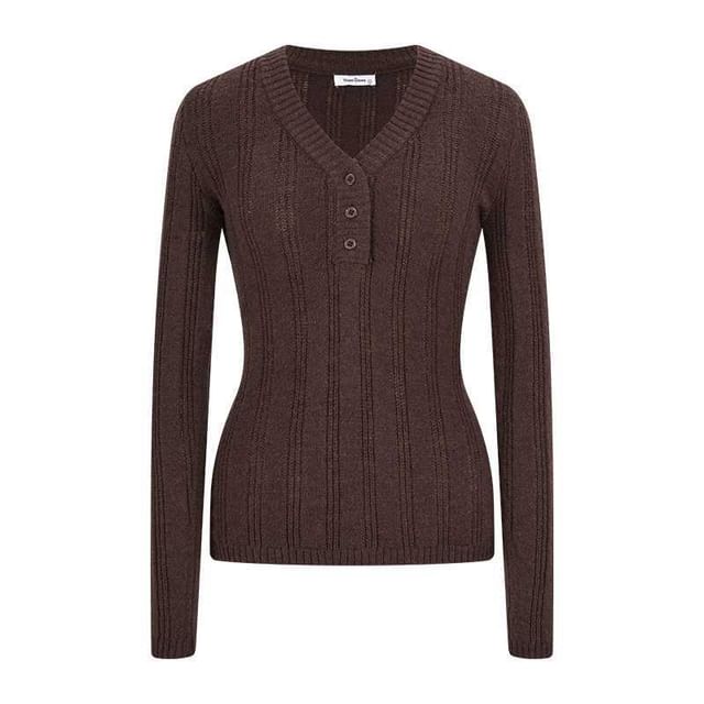 V-Neck Perforated Knit Long Sleeve Top