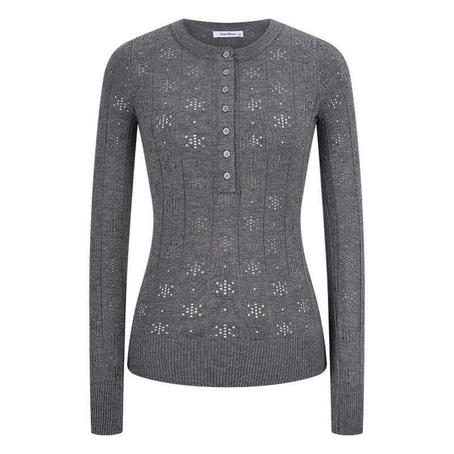 Perforated Half-Button Knit Top with Crew Neck