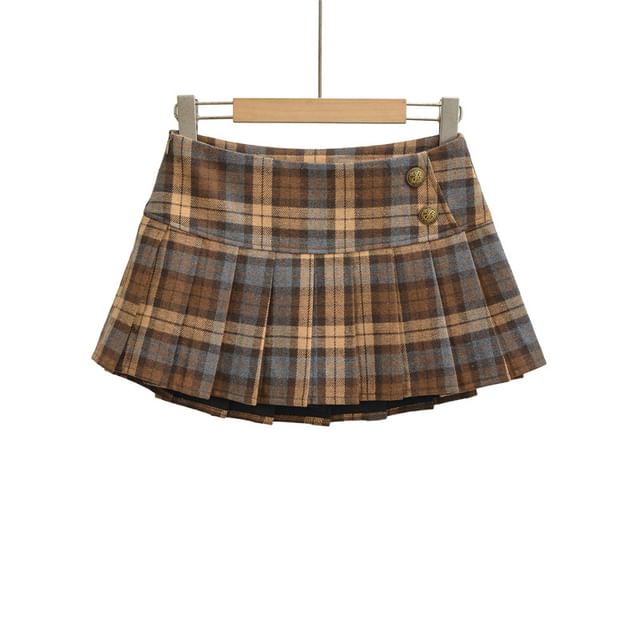Mid Waist Plaid Mini Pleated A-Line Skirt