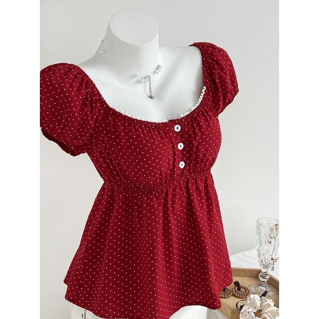 Dotted A-Line Blouse with Lace Trim