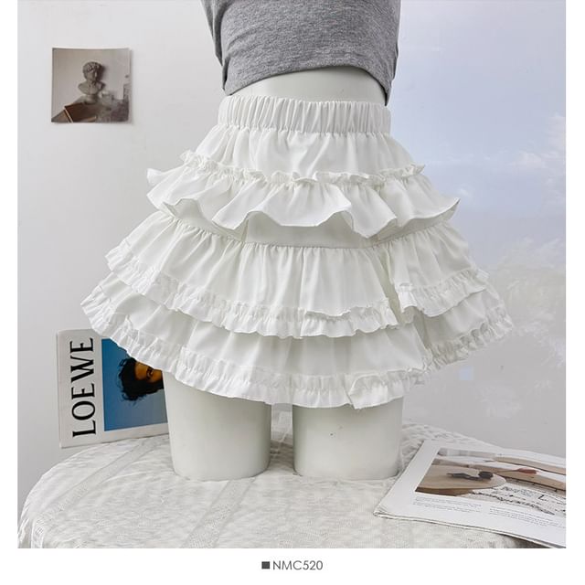 High Waist Plain Ruffle Mini A-Line Skirt
