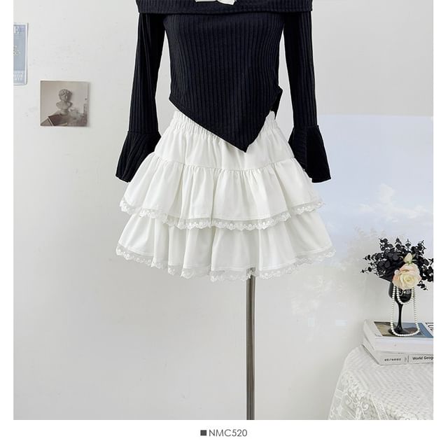 Elastic Waist Plain Lace Trim Tiered Mini A-Line Skirt