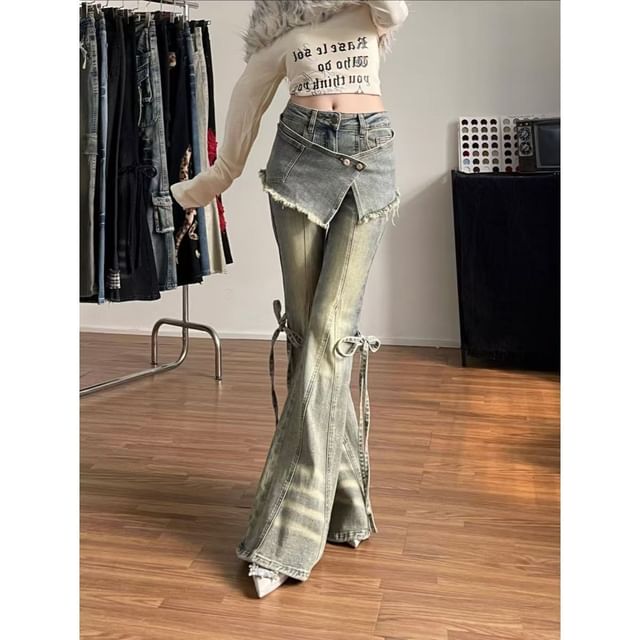 Mid Rise Frayed Skirt Overlay Bell Bottom Jeans
