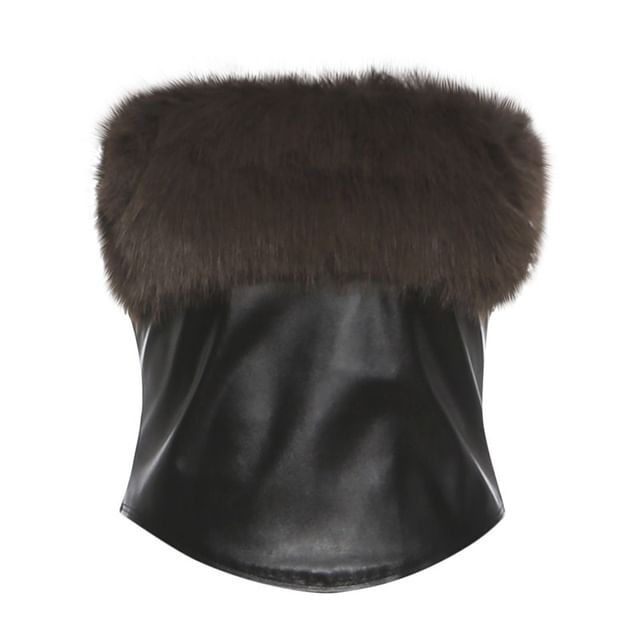 Faux Fur Crop Top and Mini Skirt Set - Strapless