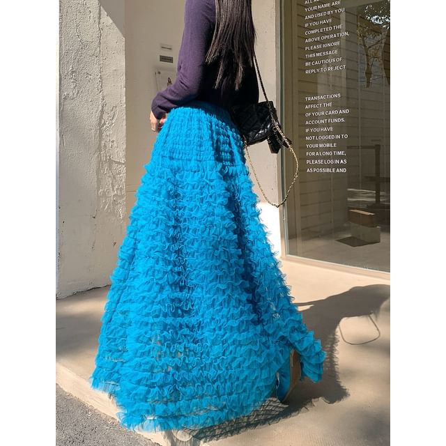 High Waist Plain Midi A-Line Ruffled Mesh Skirt