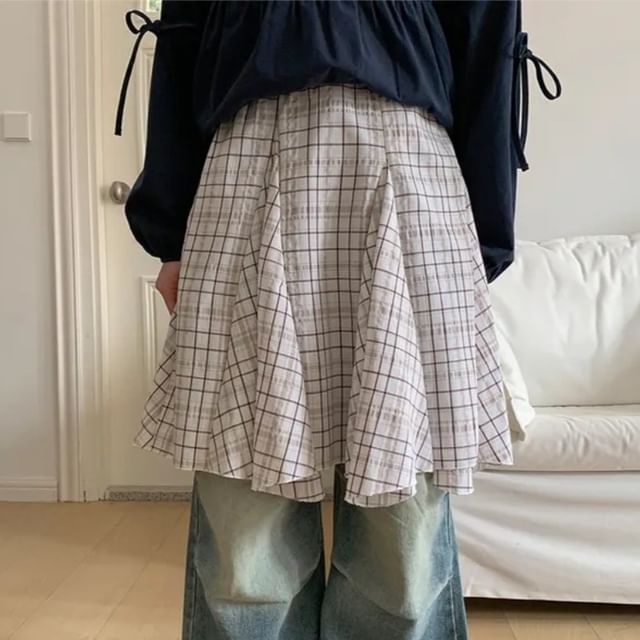 Mid Waist Plaid A-Line Skirt