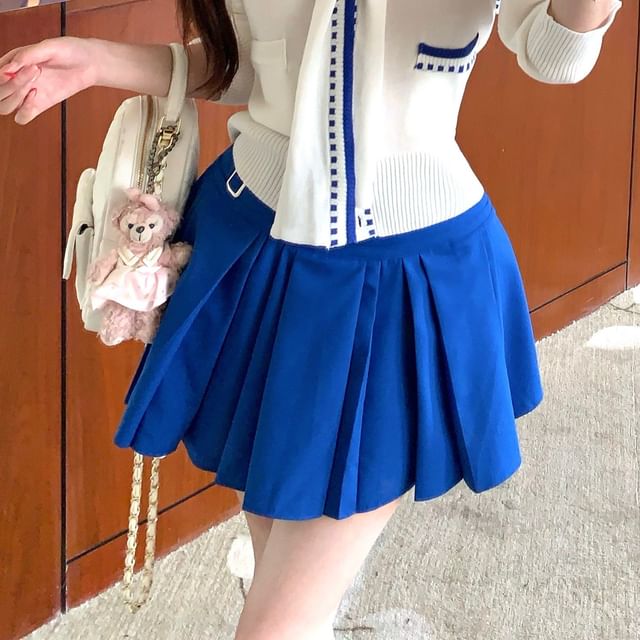 Sailor Collar Contrast Trim Crop Cardigan & High Waist Pleated Mini Skirt