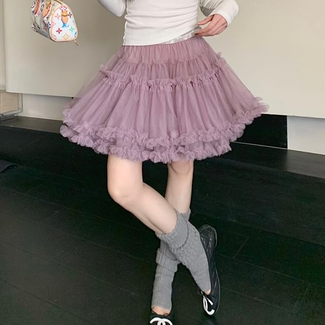 High Waist Frill Trim Layered Mesh Mini A-Line Skirt