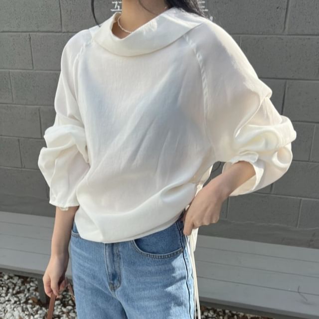 Cowl Neck Blouse with Drawstring and Long Sleeves