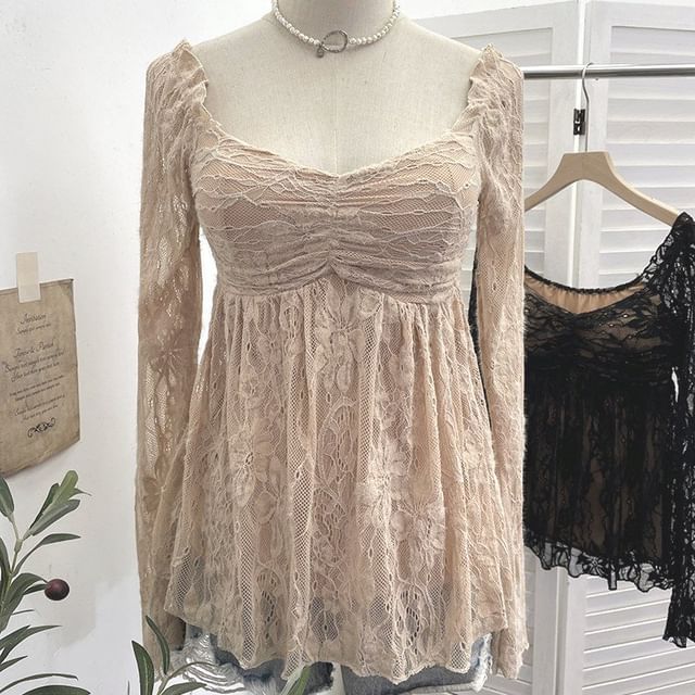 Square Neck Ruched Padded Lace Top Long Sleeve