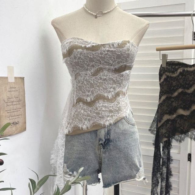 Asymmetrical Padded Lace Crop Tube Top