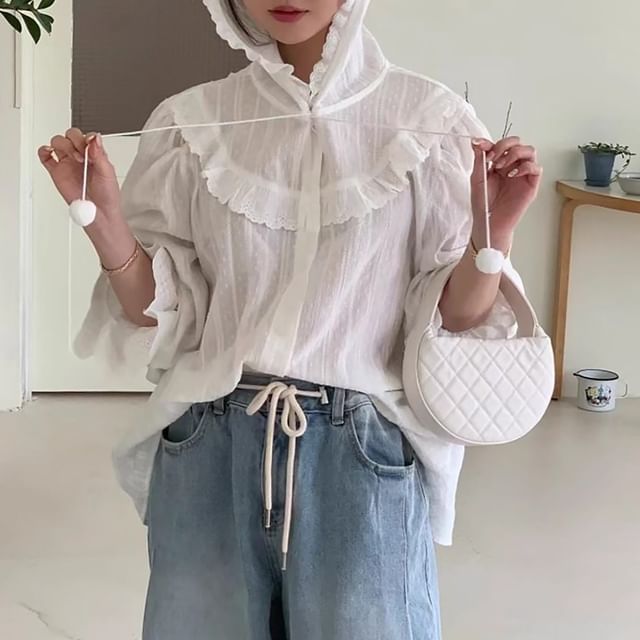 Hooded Ruffle Trim Button-Up Long-Sleeve Shirt