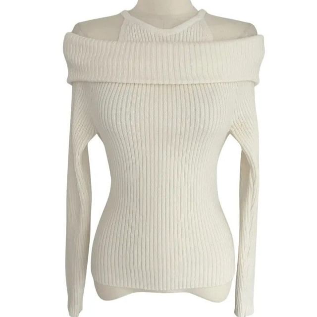 Cold Shoulder Ribbed Knit Long-Sleeve Blouse