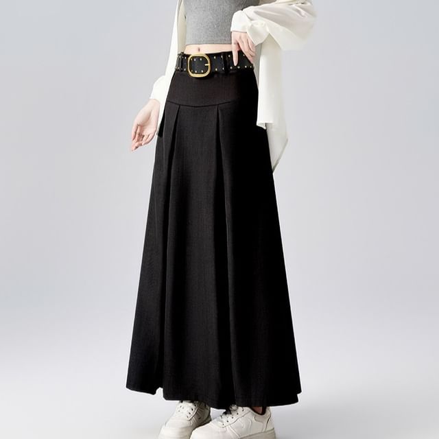 Pleated Maxi A-Line Skirt with Studded Belt - Mid Rise