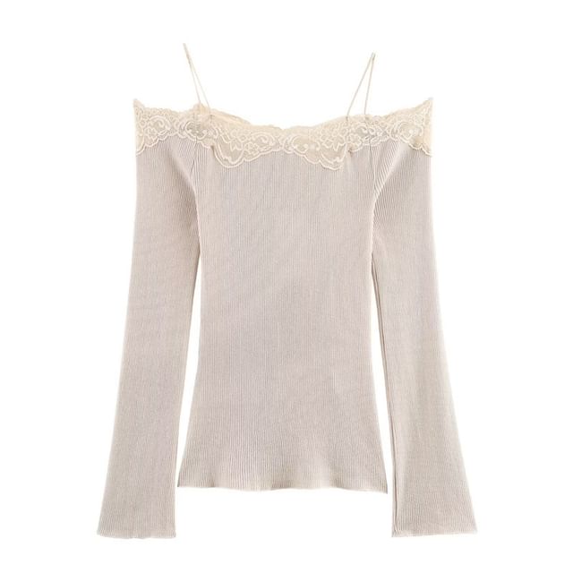 Ribbed Knit Cold-Shoulder Top with Lace Trim
