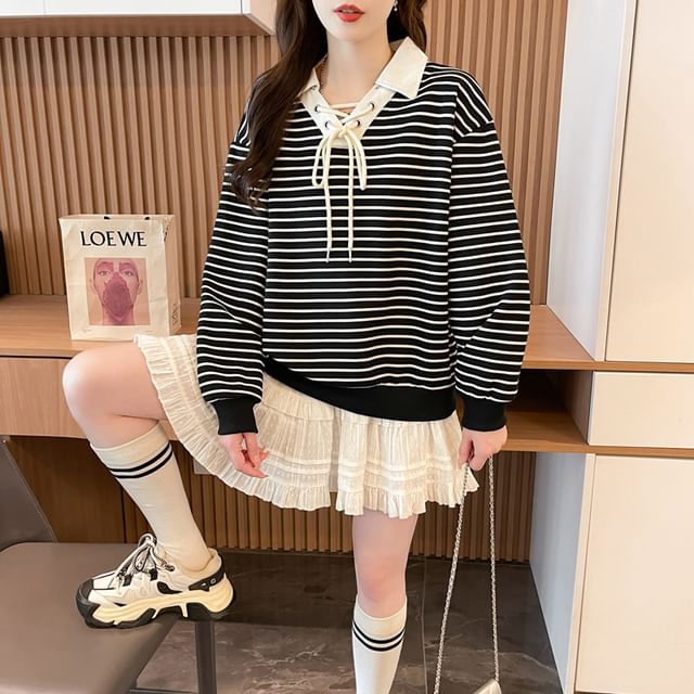 Striped Contrast Collar Lace-Up Sweater