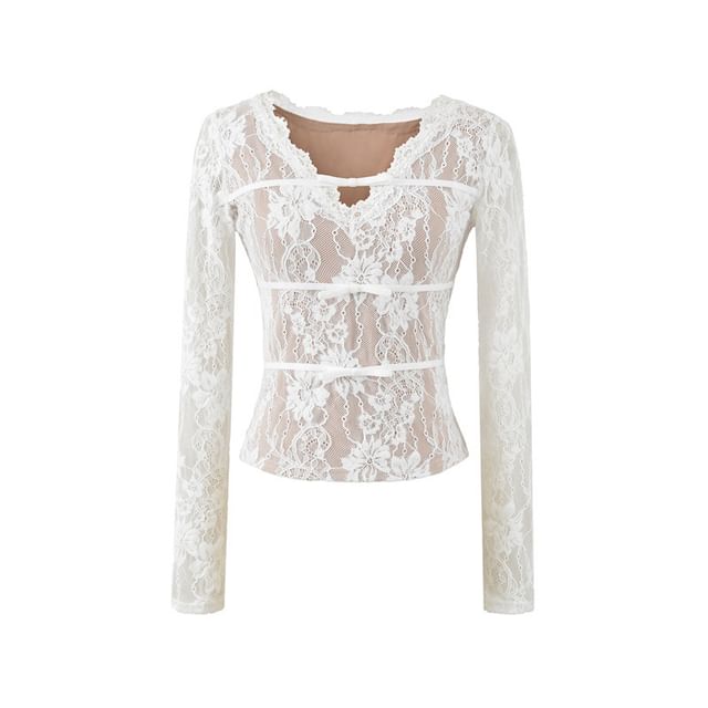 V-Neck Lace Cropped Long Sleeve Top