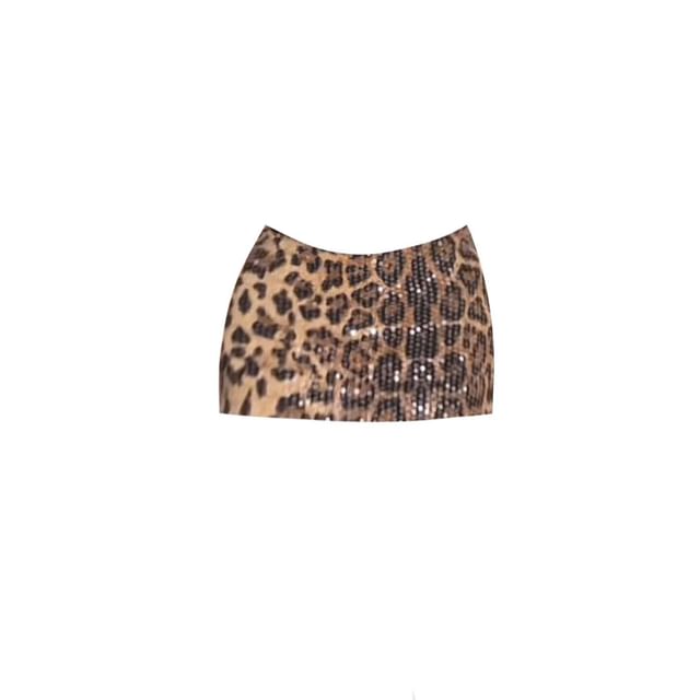 Mock Neck Elbow-Sleeve T-Shirt with Low Rise Leopard Print Mini Skirt Set