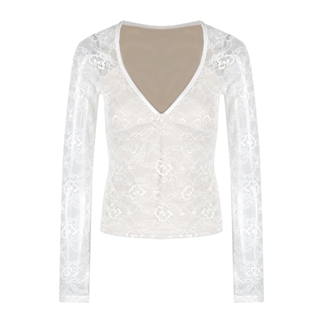 Lace Crop Top & Mini Pencil Skirt - V-Neck Long Sleeve