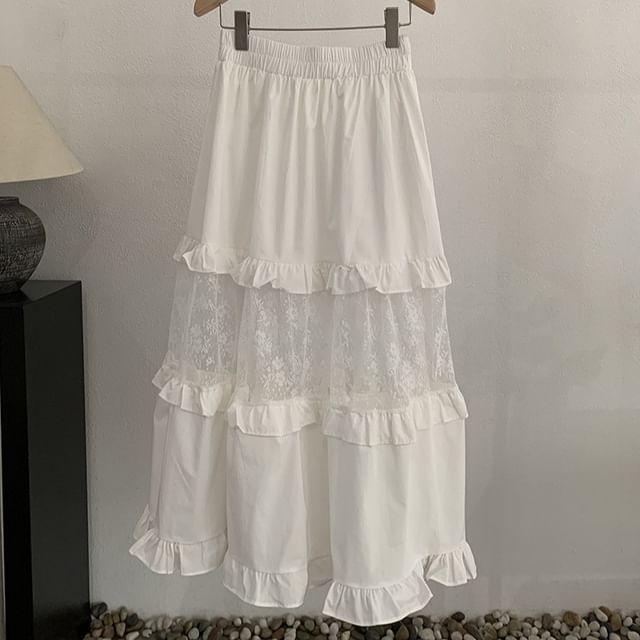 Lace Panel Ruffle Maxi A-Line Skirt - Elastic Waist