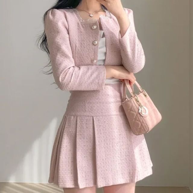 Set: Tweed Button-Up Crop Jacket & High-Waisted Mini Pleated Skirt