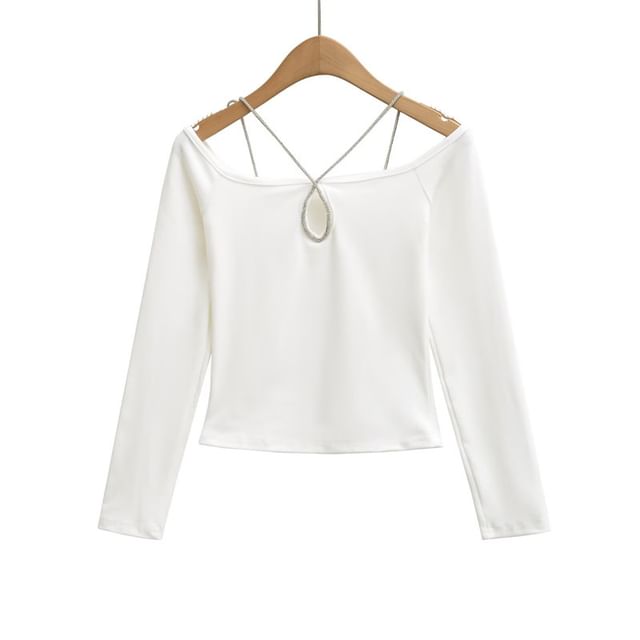 Cutout Crop Tee with Halter and Off-Shoulder Long Sleeves