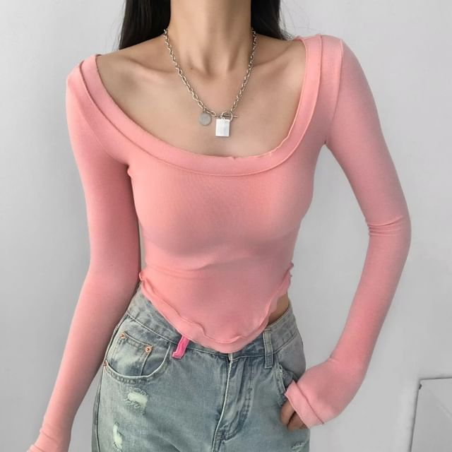 Slim Fit Lettuce Edge Long Sleeve Crop Tee