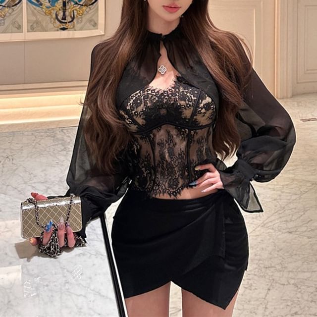 Lace-Trimmed Mesh Shrug with Stand Collar and V-Neck Camisole