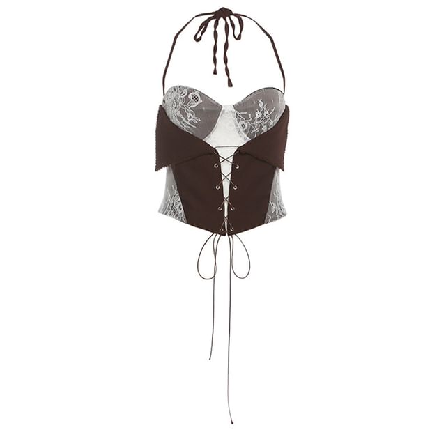 Halter Lace-Up Back Crop Top with Low Rise Pleated Skirt Set