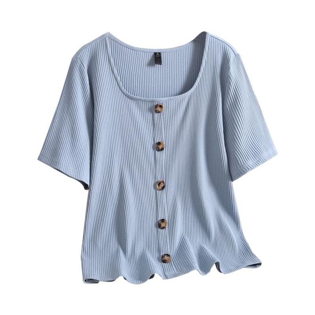 Square Neck Short-Sleeve Ribbed Top with Elastic Waist Midi A-Line Skirt