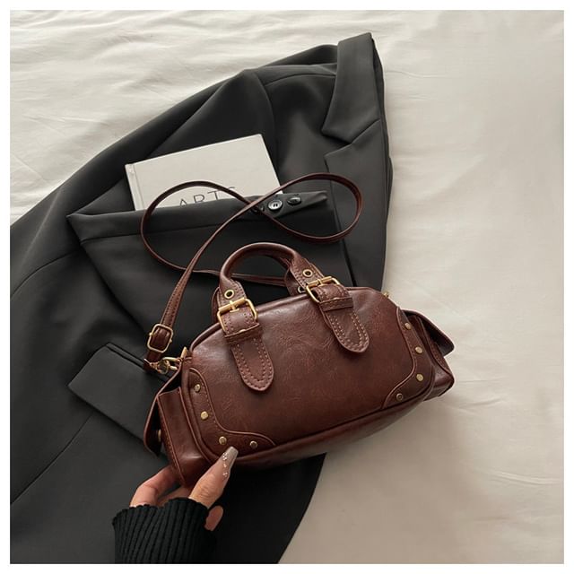 Studded Buckled Flap Pocket Crossbody Bowler Bag