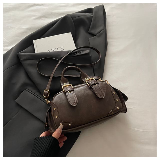 Studded Buckled Flap Pocket Crossbody Bowler Bag