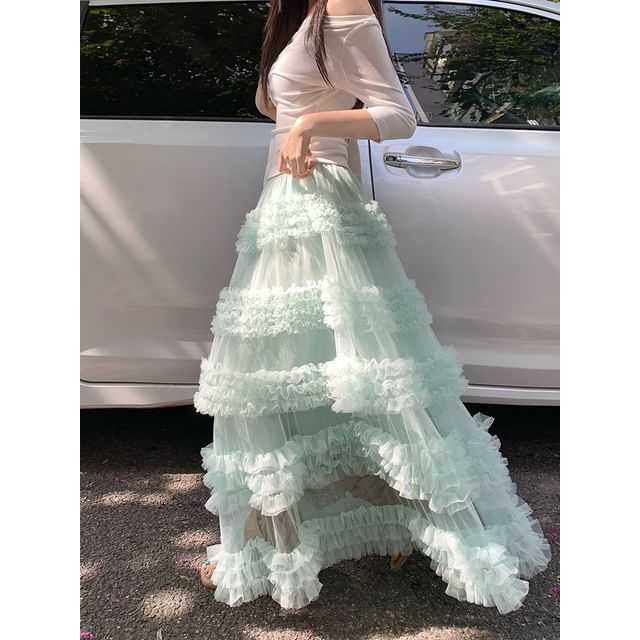 Frilled Tiered Mesh High-Waisted Maxi A-Line Skirt in Plain