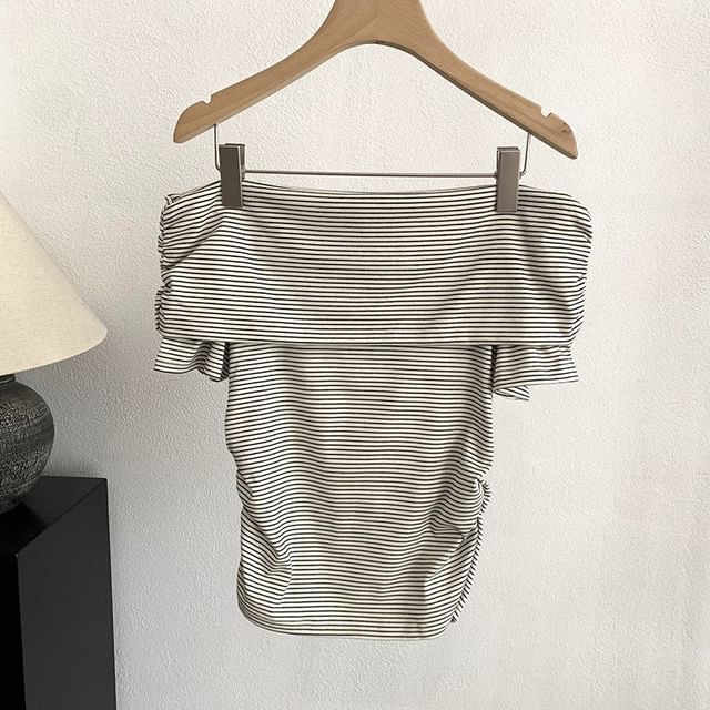 Striped Off-Shoulder Top with Ruched Cropped Silhouette