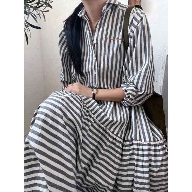 Long-Sleeve Striped Maxi A-Line Shirt Dress