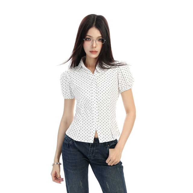 Short-Sleeve Collared Dotted Button-Up Shirt