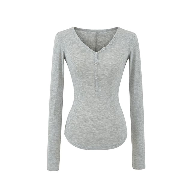 Long Sleeve V-Neck Plain Henley Shirt