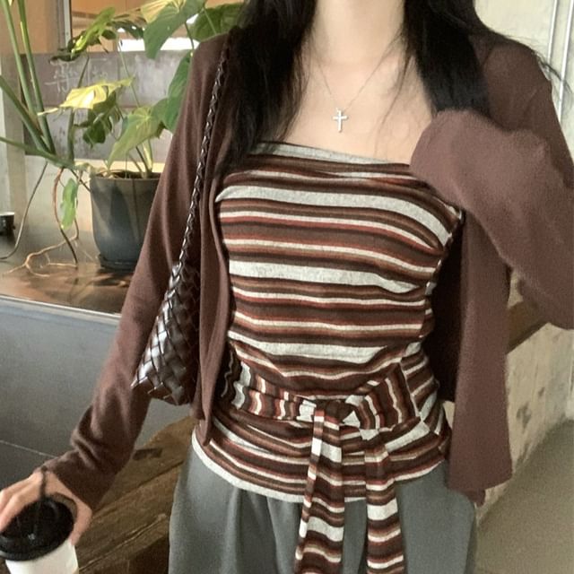 Set: Plain Crop Cardigan + Striped Tube Top