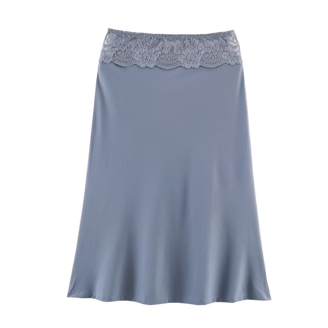 Lace Panel Satin Midi Skirt - Altfashion Shop